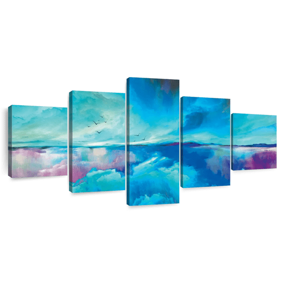 Elephant Stock Sky Abstract Wall Art - Horizontal Multi Panel Canvas - Living Room Wall Decor - Abstract Multi Panel - Blue And Purple Decor - 55" x 24"