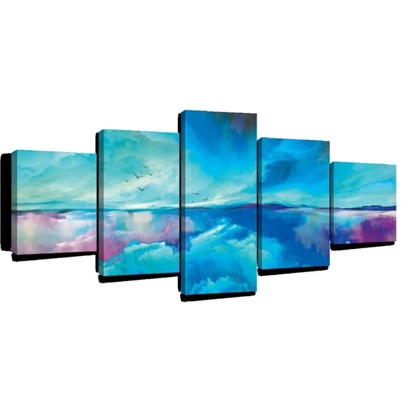Elephant Stock Sky Abstract Wall Art - Horizontal Multi Panel Canvas - Living Room Wall Decor - Abstract Multi Panel - Blue And Purple Decor - 92" x 42"