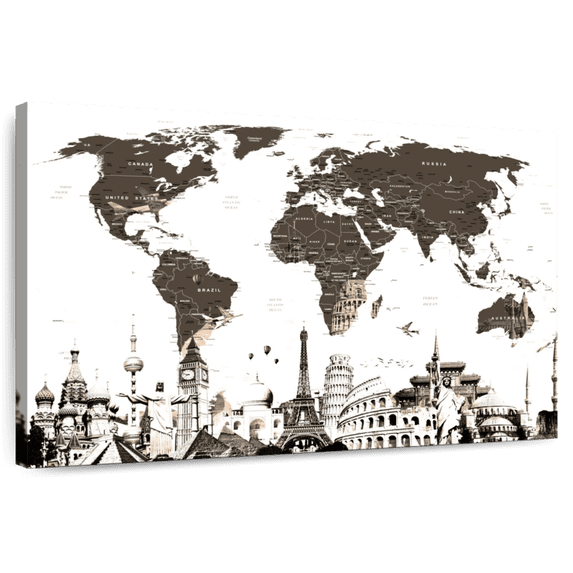 Elephant Stock Slate Gray World Map Wall Art - Horizontal Canvas Wall Art - Living Room Wall Decor - Map Canvas - White And Brown Decor - 48" x 32"