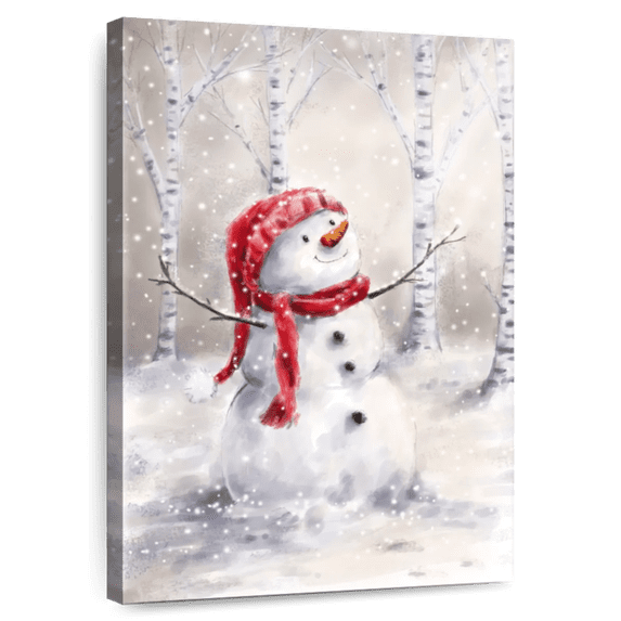 Elephant Stock Snowman In Wood Wall Art - Vertical Canvas Wall Art - Living Room Wall Decor - Holiday Canvas - Beige And Blue Decor By Makiko - 16" x 24"