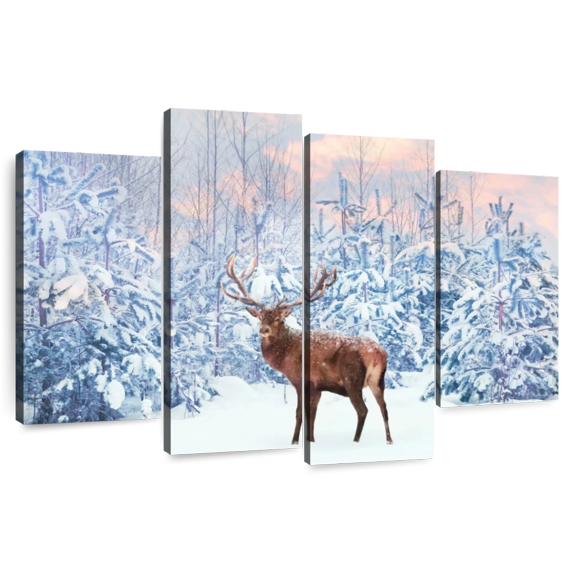 Elephant Stock Snowy Deer Wall Art - Horizontal Multi Panel Canvas - Living Room Wall Decor - Animal Multi Panel - Blue And Orange Decor - 68" x 42"