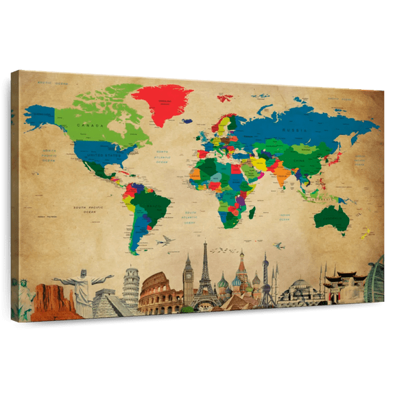 Elephant Stock Society World Map Wall Art - Horizontal Canvas Wall Art - Living Room Wall Decor - Map Canvas - Red And Green Decor - 12" x 8"
