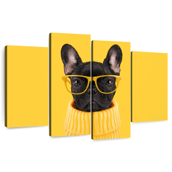 Elephant Stock Sophisticated French Bulldog Wall Art - Horizontal Multi Panel Canvas - Living Room Wall Decor - Animal Multi Panel - Yellow And Brown Decor - 36" x 22"