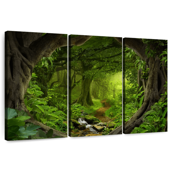 Elephant Stock Southeast Asian Tropical Jungle Wall Art - Horizontal Multi Panel Canvas - Living Room Wall Decor - Nature Multi Panel - Green And Gray Decor - 38" x 24"
