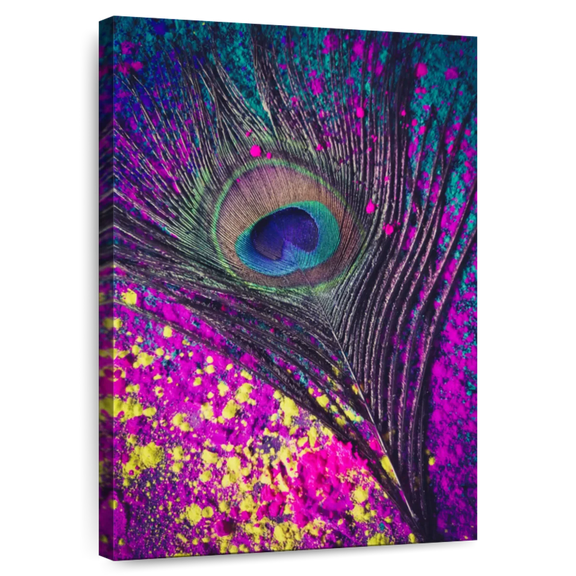 Elephant Stock Speckled Peacock Feather Wall Art - Vertical Canvas Wall Art - Living Room Wall Decor - Decor Elements Canvas - Blue And Yellow Decor - 26" x 39"