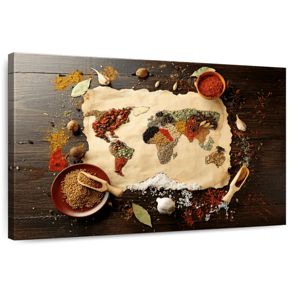 Elephant Stock Spices World Map Wall Art - Horizontal Canvas Wall Art - Kitchen Wall Decor - Food And Drink Canvas - Brown And Red Decor - 24" x 16"