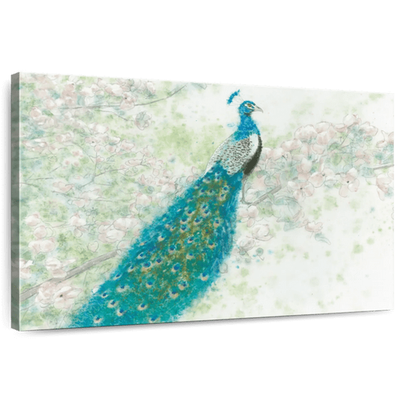 Elephant Stock Spring Peacock I Wall Art - Horizontal Canvas Wall Art - Living Room Wall Decor - Animal Canvas - Turquoise And White Decor By James Wiens - 48" x 32"