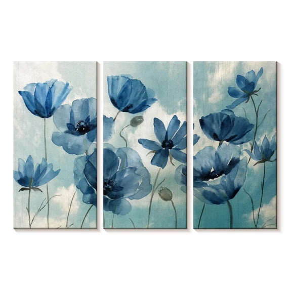 Elephant Stock Springing Up Blue Wall Art - Horizontal Multi Panel Canvas - Lobby Wall Decor - Floral And Botanical Multi Panel - Teal And Beige Decor By Nan - 23" x 14"