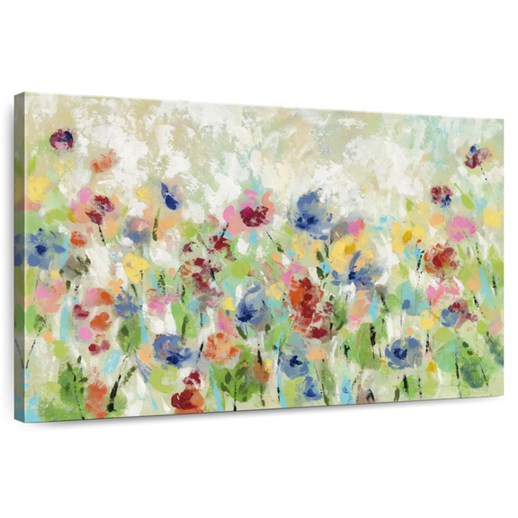 Elephant Stock Springtime Meadow Flowers I Wall Art - Horizontal Canvas Wall Art - Living Room Wall Decor - Abstract Canvas - Pink And Blue Decor By Silvia Vassileva - 12" x 8"