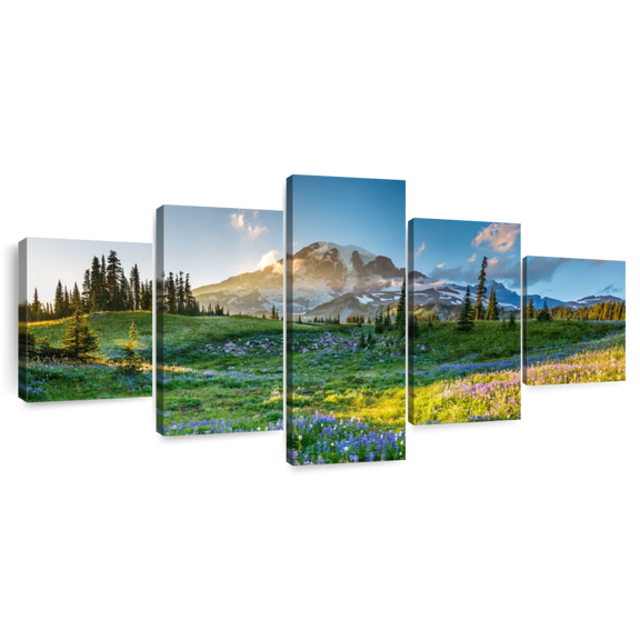 Elephant Stock Springtime At Mount Rainier Wall Art - Horizontal Multi Panel Canvas - Living Room Wall Decor - Nature Multi Panel - Green And Blue Decor - 92" x 42"