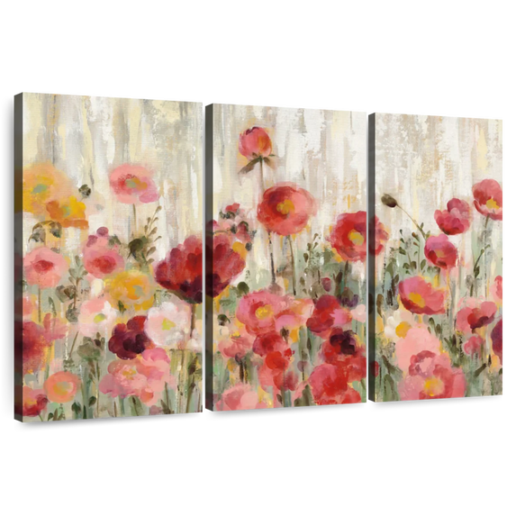Elephant Stock Sprinkled Flowers Wall Art - Horizontal Multi Panel Canvas - Living Room Wall Decor - Floral And Botanical Multi Panel - Orange And Red Decor By Silvia Vassileva - 57" x 36"