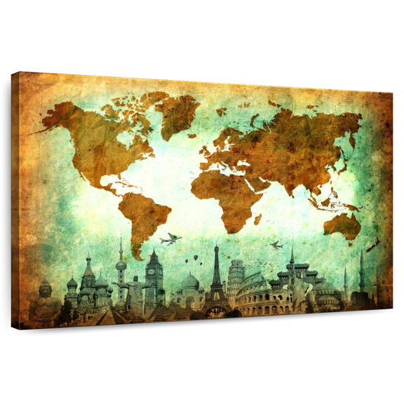 Elephant Stock Stained World Map Wall Art - Horizontal Canvas Wall Art - Living Room Wall Decor - Map Canvas - Brown And White Decor - 24" x 16"