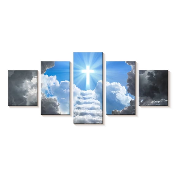 Elephant Stock Stairway To Jesus Christ Wall Art - Horizontal Multi Panel Canvas - Living Room Wall Decor - Religion And Spirituality Multi Panel - Gray And Blue Decor - 74" x 34"