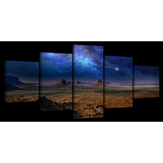 Elephant Stock Starlit Monument Valley Wall Art - Horizontal Multi Panel Canvas - 5 Pieceliving Room Wall Decor - Photography Nature Multi Panel - Brown And Blue Decor - 29" x 12"