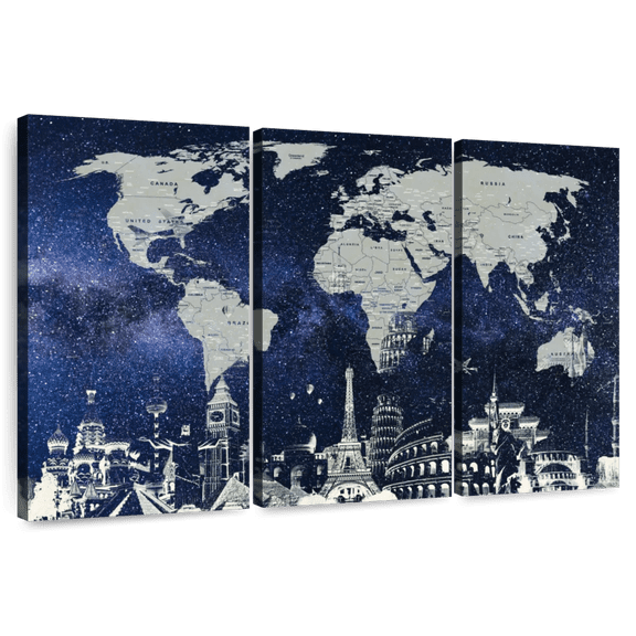 Elephant Stock Starry World Map Wall Art - Horizontal Multi Panel Canvas - Living Room Wall Decor - Map Multi Panel - Black And Blue Decor - 33" x 20"