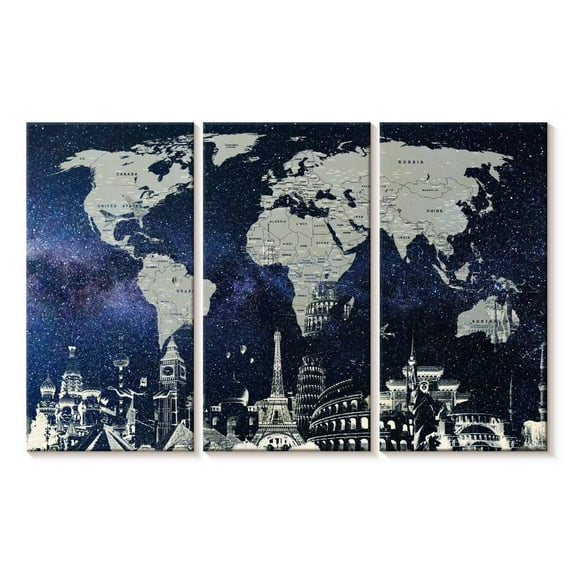 Elephant Stock Starry World Map Wall Art - Horizontal Multi Panel Canvas - Living Room Wall Decor - Map Multi Panel - Black And Blue Decor - 57" x 36"