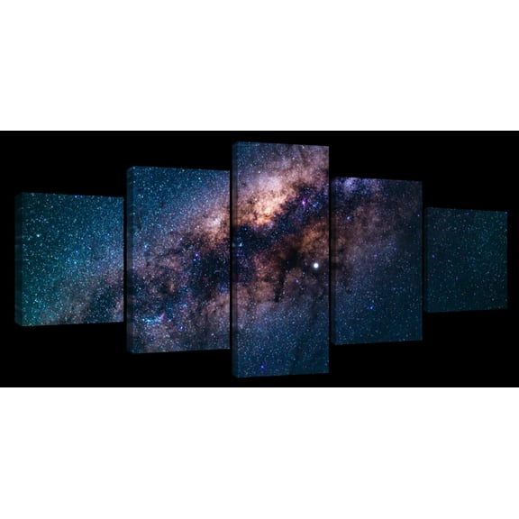Elephant Stock Stars In Milky Way Wall Art - Horizontal Multi Panel Canvas - 5 Pieceliving Room Wall Decor - Photography Astronomy & Space Multi Panel - Blue And Orange Decor - 29" x 12"