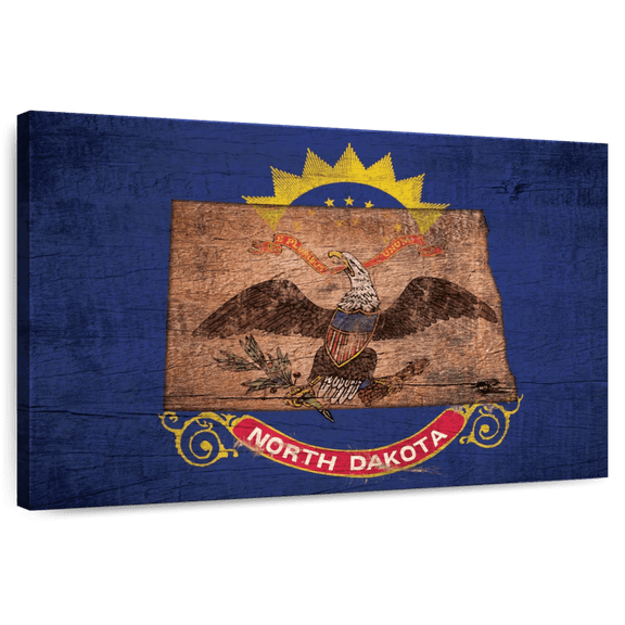 Elephant Stock State Map Over North Dakota Flag Wall Art - Horizontal Canvas Wall Art - Living Room Wall Decor - Flags Canvas - Blue And Brown Decor - 36" x 24"