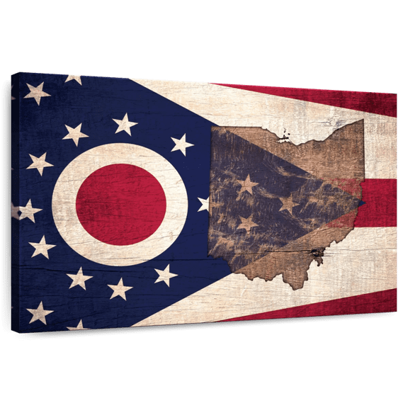 Elephant Stock State Map Over Ohio Flag Wall Art - Horizontal Canvas Wall Art - Living Room Wall Decor - Flags Canvas - Blue And Beige Decor - 12" x 8"