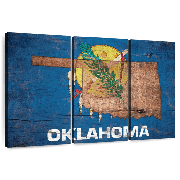 Elephant Stock State Map Over Oklahoma Flag Wall Art - Horizontal Multi Panel Canvas - Living Room Wall Decor - Flags Multi Panel - Beige And Blue Decor - 65" x 42"