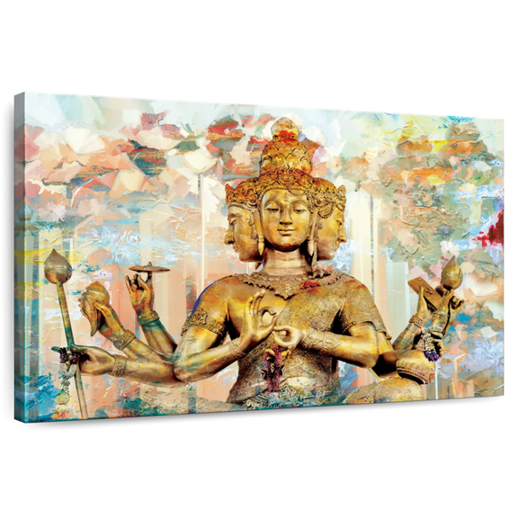 Elephant Stock Statue Of Brahma Wall Art - Horizontal Canvas Wall Art - Living Room Wall Decor - Religion And Spirituality Canvas - Orange And Blue Decor - 24" x 16"