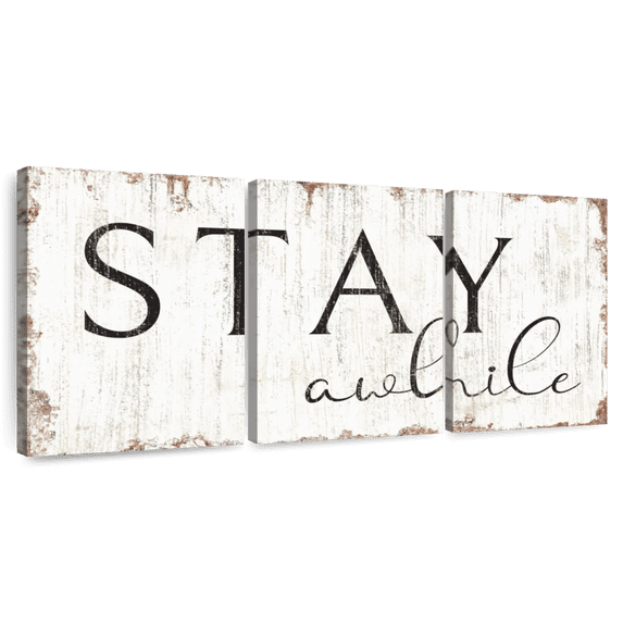 Elephant Stock Stay Awhile Typography Wall Sign Wall Art - Horizontal Multi Panel Canvas - Living Room Wall Decor - Wall Signs Multi Panel - Beige And Brown Decor - 80" x 39"
