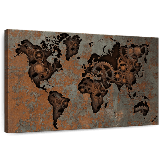 Elephant Stock Steampunk World Map Wall Art - Horizontal Canvas Wall Art - Living Room Wall Decor - Map Canvas - Brown And Blue Decor - 24" x 16"