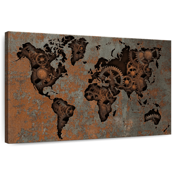 Elephant Stock Steampunk World Map Wall Art - Horizontal Canvas Wall Art - Living Room Wall Decor - Map Canvas - Brown And Blue Decor - 30" x 20"