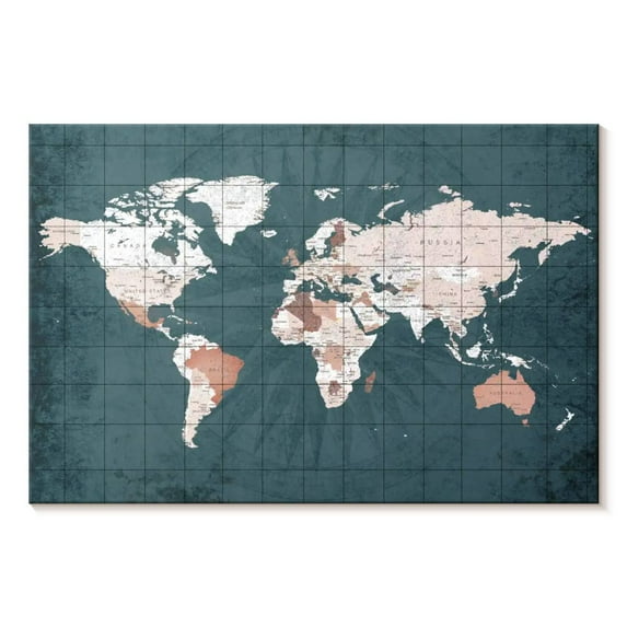 Elephant Stock Steel Blue World Map Wall Art - Horizontal Canvas Wall Art - Living Room Wall Decor - Map Canvas - White And Beige Decor - 12" x 8"