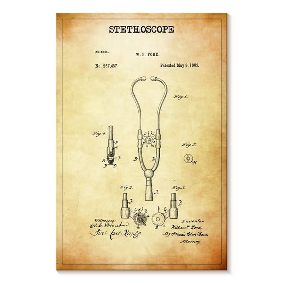 Elephant Stock Stethoscope Patent Wall Art - Vertical Canvas Wall Art - Home Office Wall Decor - Patent Canvas - Beige And Black Decor - 34" x 51"