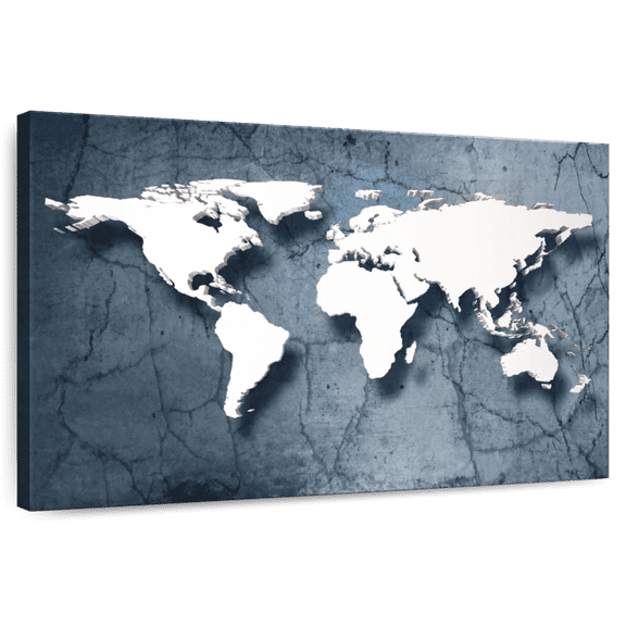 Elephant Stock Stone World Map Wall Art - Horizontal Canvas Wall Art - Living Room Wall Decor - Map Canvas - White And Blue Decor - 12" x 8"