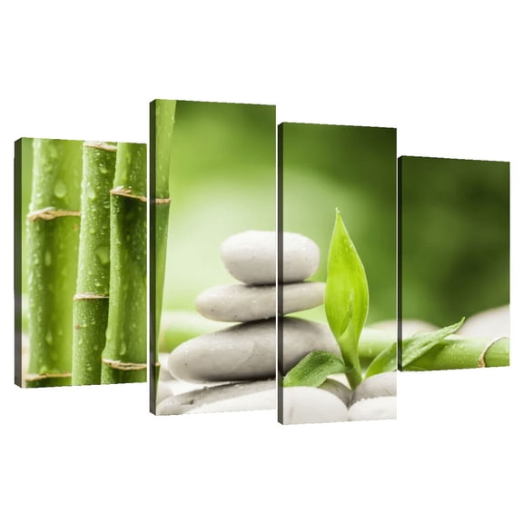 Elephant Stock Stones And Bamboo Wall Art - Horizontal Multi Panel Canvas - Living Room Wall Decor - Wellness Multi Panel - Green And White Decor - 36" x 22"