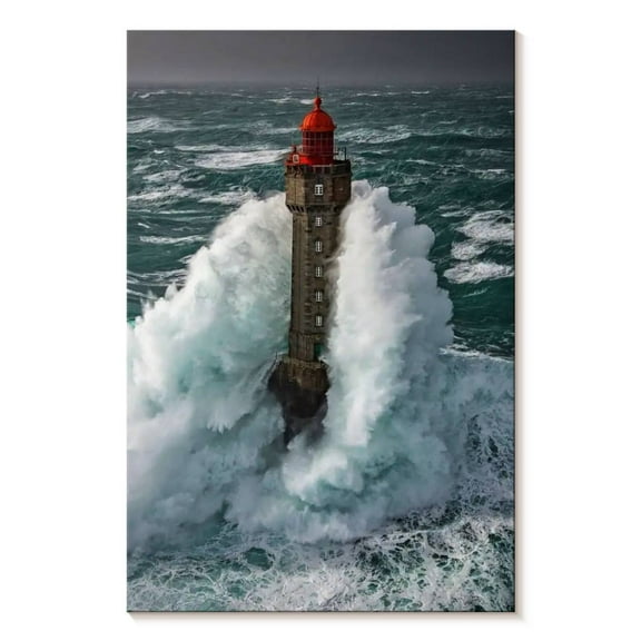 Elephant Stock Storm At La Jument Lighthouse Wall Art - Vertical Canvas Wall Art - Living Room Wall Decor - Nautical Canvas - Teal And Blue Decor - 8" x 12"