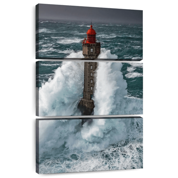 Elephant Stock Storm At La Jument Lighthouse Wall Art - Vertical Multi Panel Canvas - Living Room Wall Decor - Nautical Multi Panel - Teal And Blue Decor - 20" x 32"