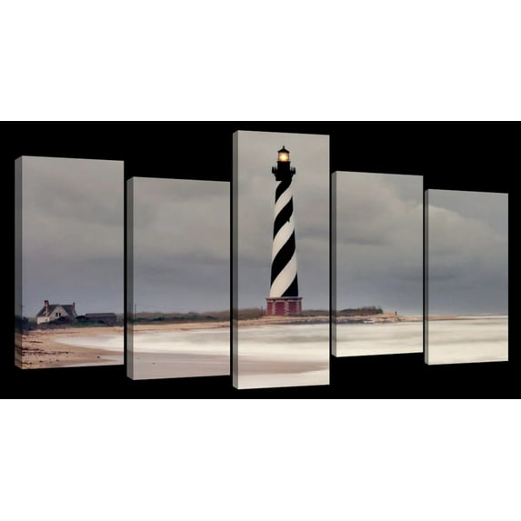 Elephant Stock Stormy Cape Hatteras Lighthouse Wall Art - Horizontal Multi Panel Canvas - 5 Pieceliving Room Wall Decor - Photography Nautical Multi Panel - Gray And Brown Decor - 25" x 12"