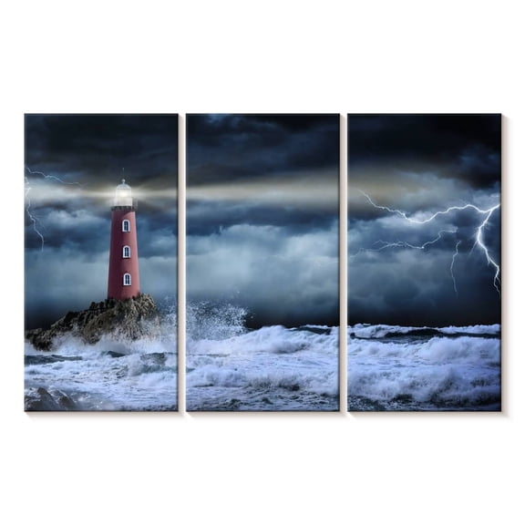 Elephant Stock Stormy Ocean Lighthouse Wall Art - Horizontal Multi Panel Canvas - Living Room Wall Decor - Nautical Multi Panel - Gray And Blue Decor - 33" x 20"