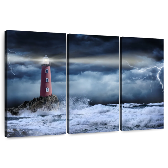 Elephant Stock Stormy Ocean Lighthouse Wall Art - Horizontal Multi Panel Canvas - Living Room Wall Decor - Nautical Multi Panel - Gray And Blue Decor - 38" x 24"