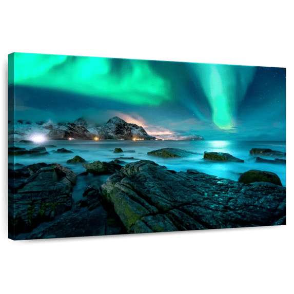 Elephant Stock Stunning Lofoten Aurora Borealis Wall Art - Horizontal Canvas Wall Art - Living Room Wall Decor - Nature Canvas - Teal And Turquoise Decor - 48" x 32"