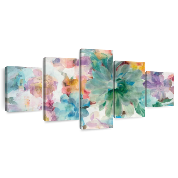 Elephant Stock Succulent Florals Crop Wall Art - Horizontal Multi Panel Canvas - Living Room Wall Decor - Abstract Multi Panel - Orange And Blue Decor By Danhui Nai - 74" x 34"
