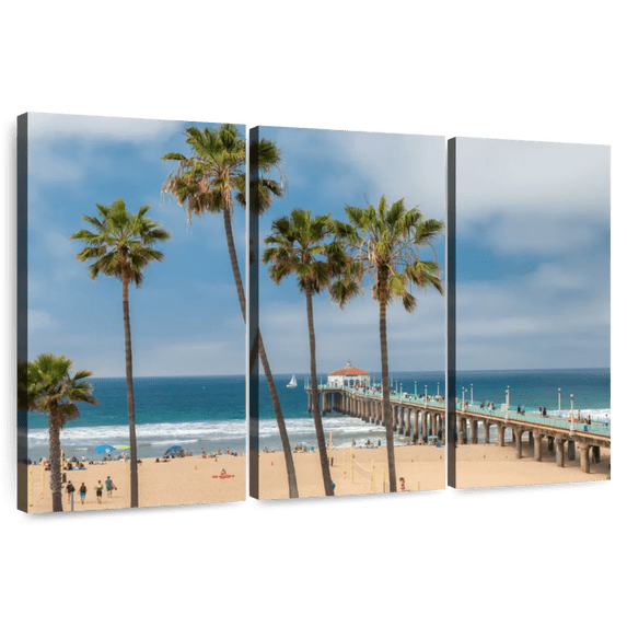 Elephant Stock Summer In Manhattan Beach Wall Art - Horizontal Multi Panel Canvas - Living Room Wall Decor - Beach Multi Panel - Brown And Beige Decor - 38" x 24"