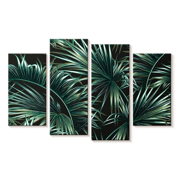 Elephant Stock Summer Palm Leaves Wall Art - Horizontal Multi Panel Canvas - Living Room Wall Decor - Floral And Botanical Multi Panel - Black And Teal Decor - 24" x 14"