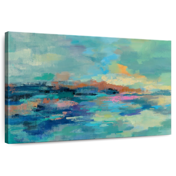 Elephant Stock Summer Seaside Abstract Wall Art - Horizontal Canvas Wall Art - Living Room Wall Decor - Abstract Canvas - Blue And Teal Decor By Silvia Vassileva - 30" x 20"