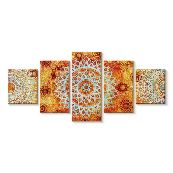 Elephant Stock Sun Like Mandala Symbols Wall Art - Horizontal Multi Panel Canvas - Living Room Wall Decor - Decor Elements Multi Panel - Orange And Blue Decor - 36" x 15"