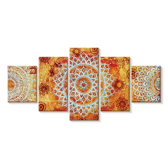 Elephant Stock Sun Like Mandala Symbols Wall Art - Horizontal Multi Panel Canvas - Living Room Wall Decor - Decor Elements Multi Panel - Orange And Blue Decor - 42" x 19"