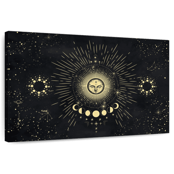 Elephant Stock Sun Moon Stars Wall Art - Horizontal Canvas Wall Art - Living Room Wall Decor - Religion And Spirituality Canvas - Black And Yellow Decor - 12" x 8"