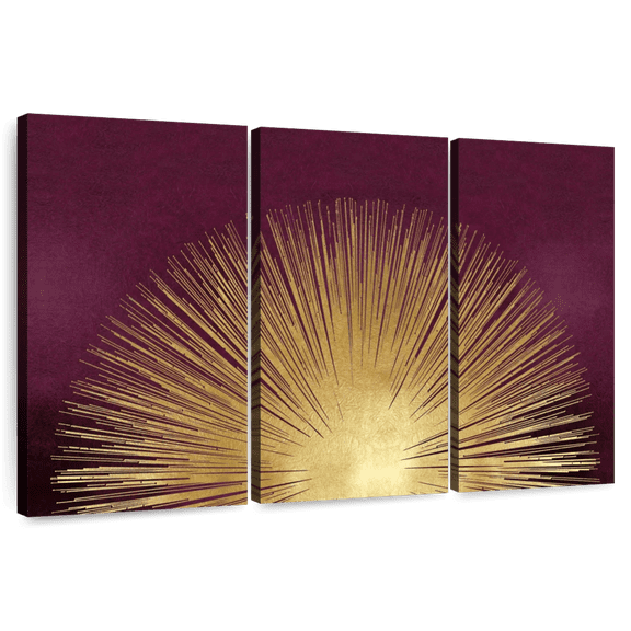Elephant Stock Sunburst Rising On Burgundy Wall Art - Horizontal Multi Panel Canvas - Living Room Wall Decor - Abstract Multi Panel - Purple And Gold Decor By Abby Young - 33" x 20"
