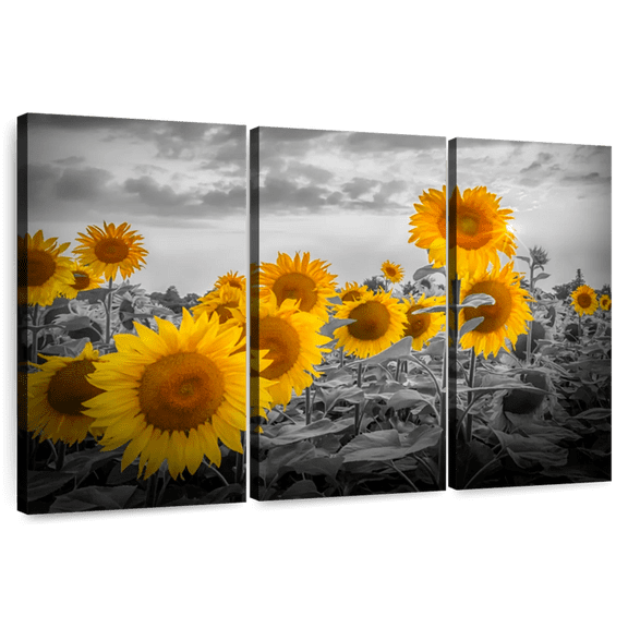 Elephant Stock Sunflowers In The Evening Yellow Color Pop Wall Art - Living Room Wall Decor - Floral And Botanical Multi Panel - Orange And Gray Decor By Melanie Viola - 74" x 48"