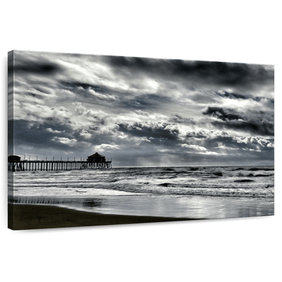Elephant Stock Sunless Huntington Beach Sky Wall Art - Horizontal Canvas Wall Art - Living Room Wall Decor - Beach Canvas - Gray And Black Decor - 12" x 8"
