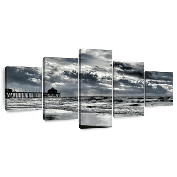 Elephant Stock Sunless Huntington Beach Sky Wall Art - Horizontal Multi Panel Canvas - Living Room Wall Decor - Beach Multi Panel - Gray And Black Decor - 55" x 24"