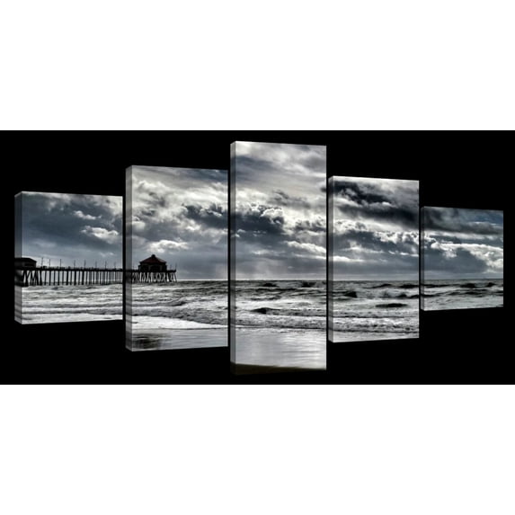 Elephant Stock Sunless Huntington Beach Sky Wall Art - Horizontal Multi Panel Canvas - Living Room Wall Decor - Beach Multi Panel - Gray And Black Decor - 55" x 24"